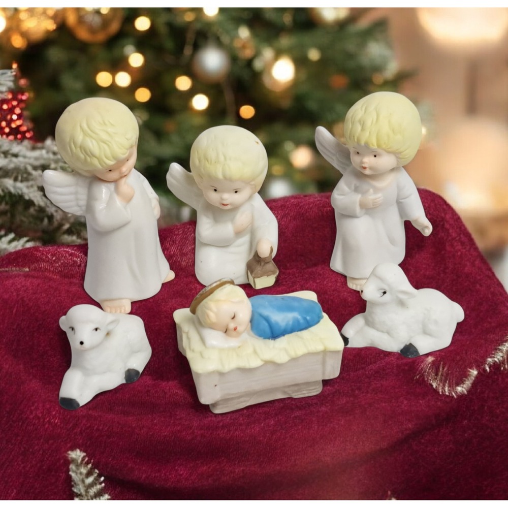 Vintage Christmas Nativity 6 Piece Ceramic Figures Angels Baby Jesus Sheep